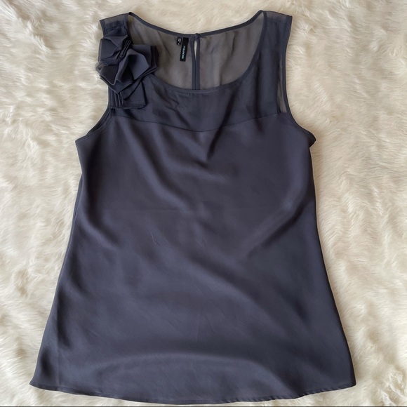 Navy Blue Chiffon Tank Top with Fabric Flower - Picture 2 of 5